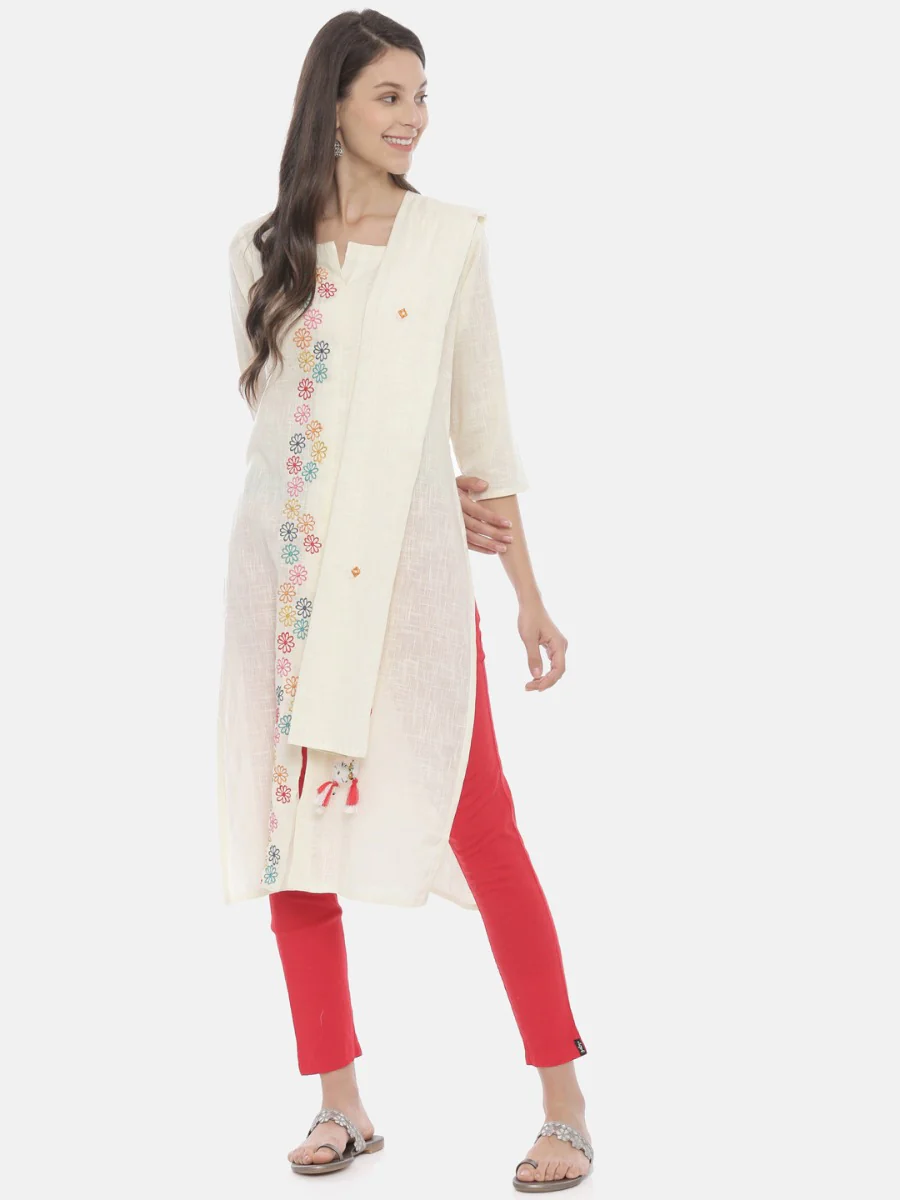 Neerus Cream Embroidered Round Neck Kurta - Image 6