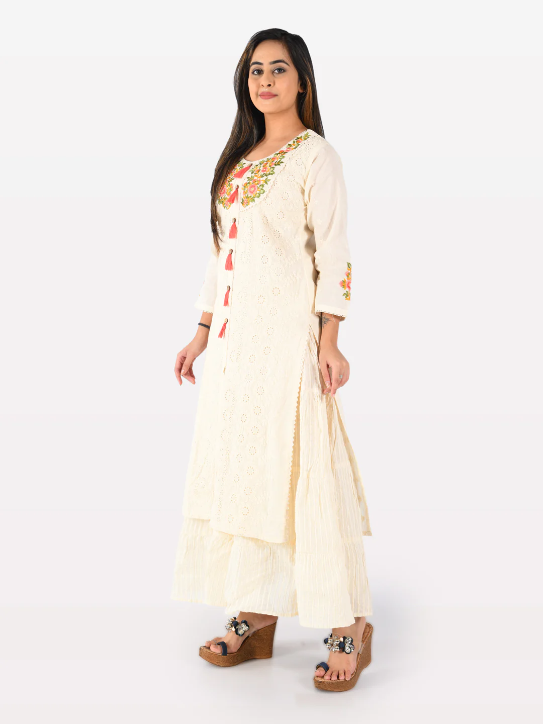 Neerus Cream Embroidered Straight Kurta