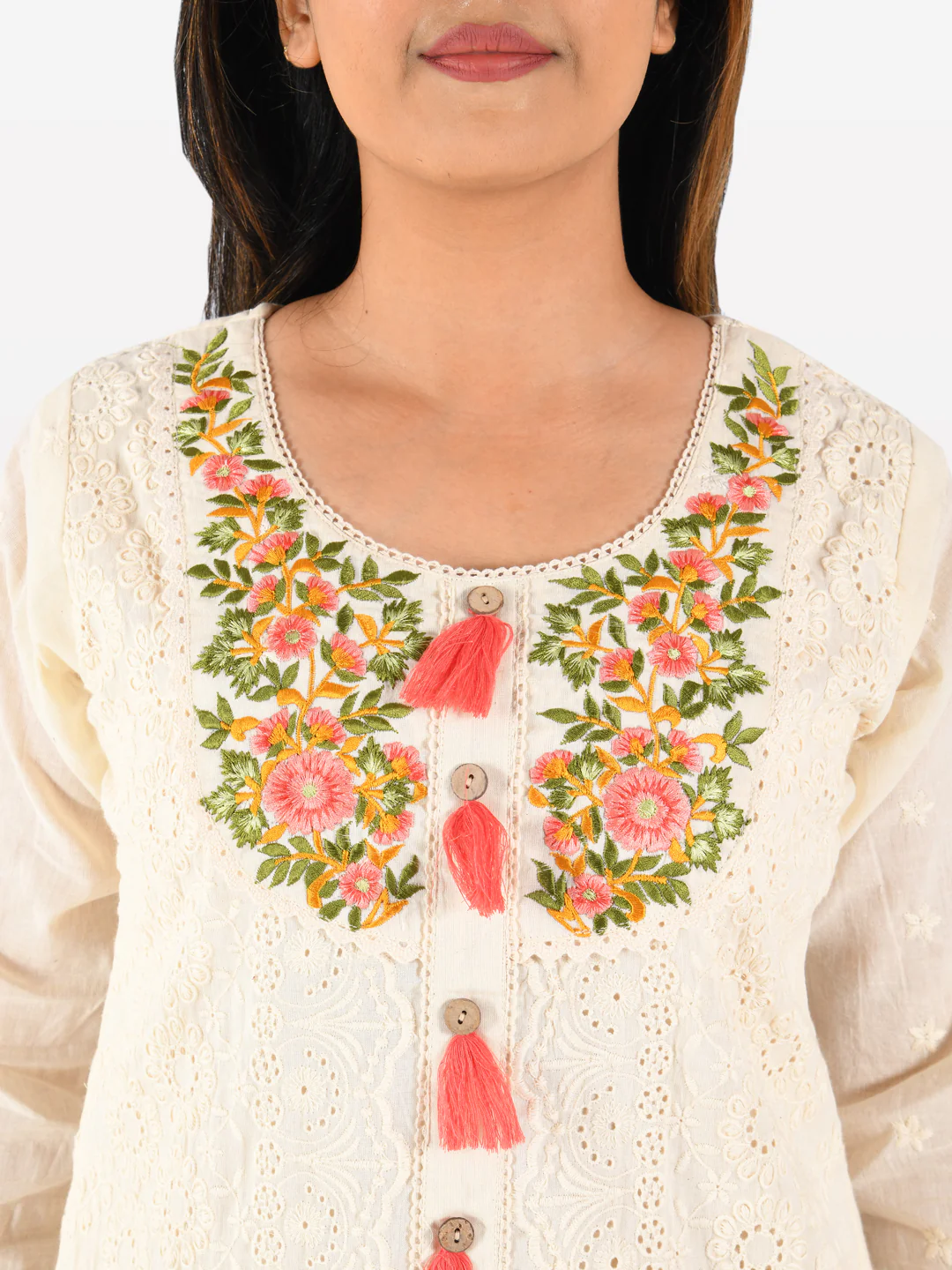 Neerus Cream Embroidered Straight Kurta - Image 2