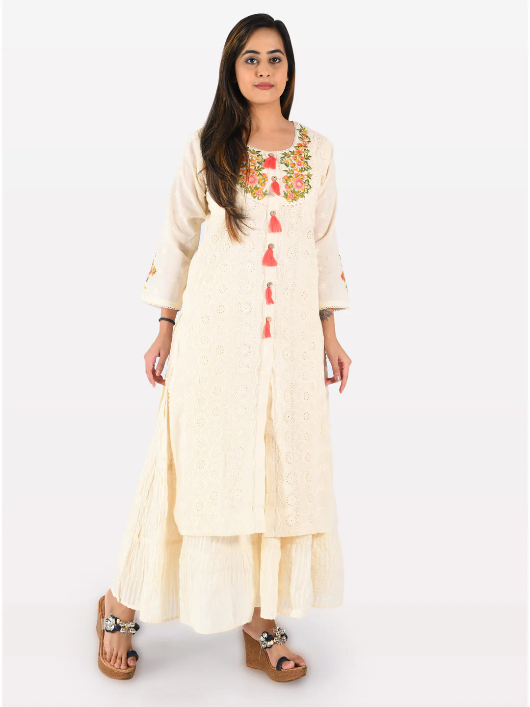 Neerus Cream Embroidered Straight Kurta - Image 4