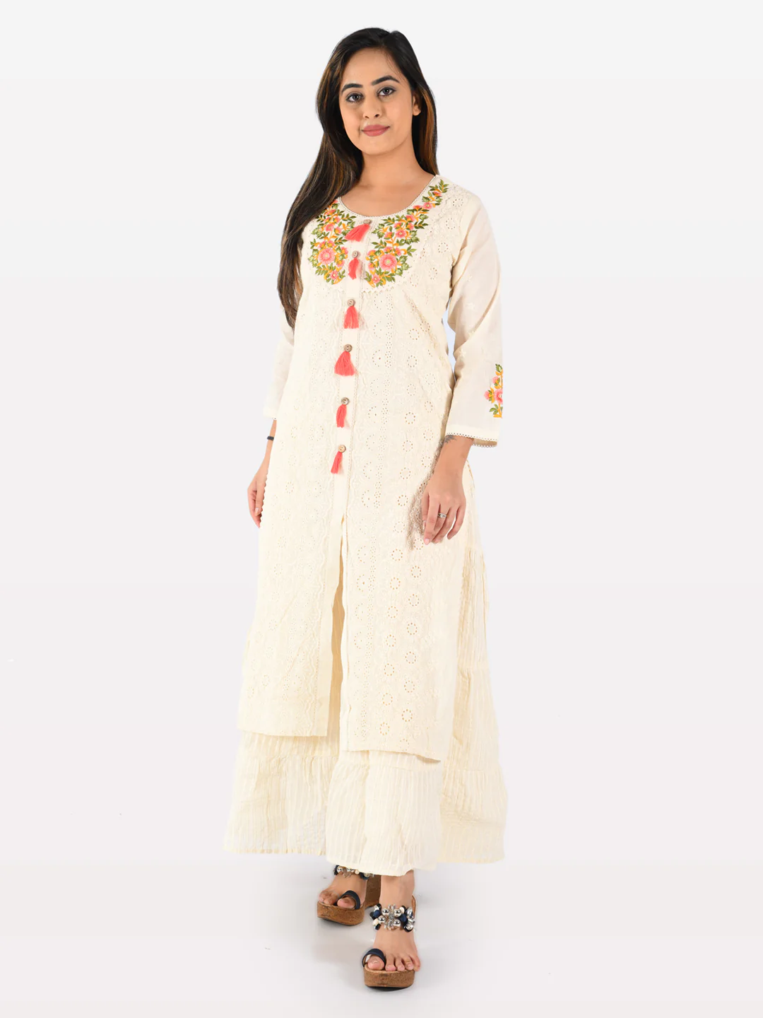 Neerus Cream Embroidered Straight Kurta - Image 5