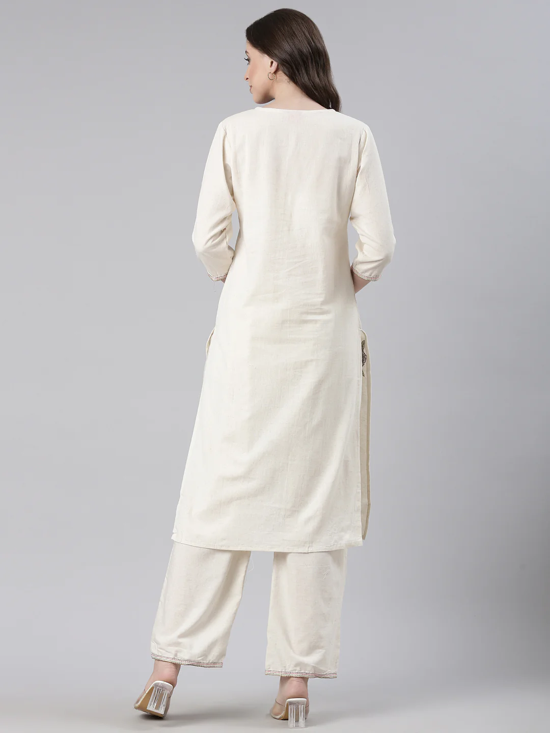 Neerus Cream Embroidered Straight Kurta and Trousers - Image 3