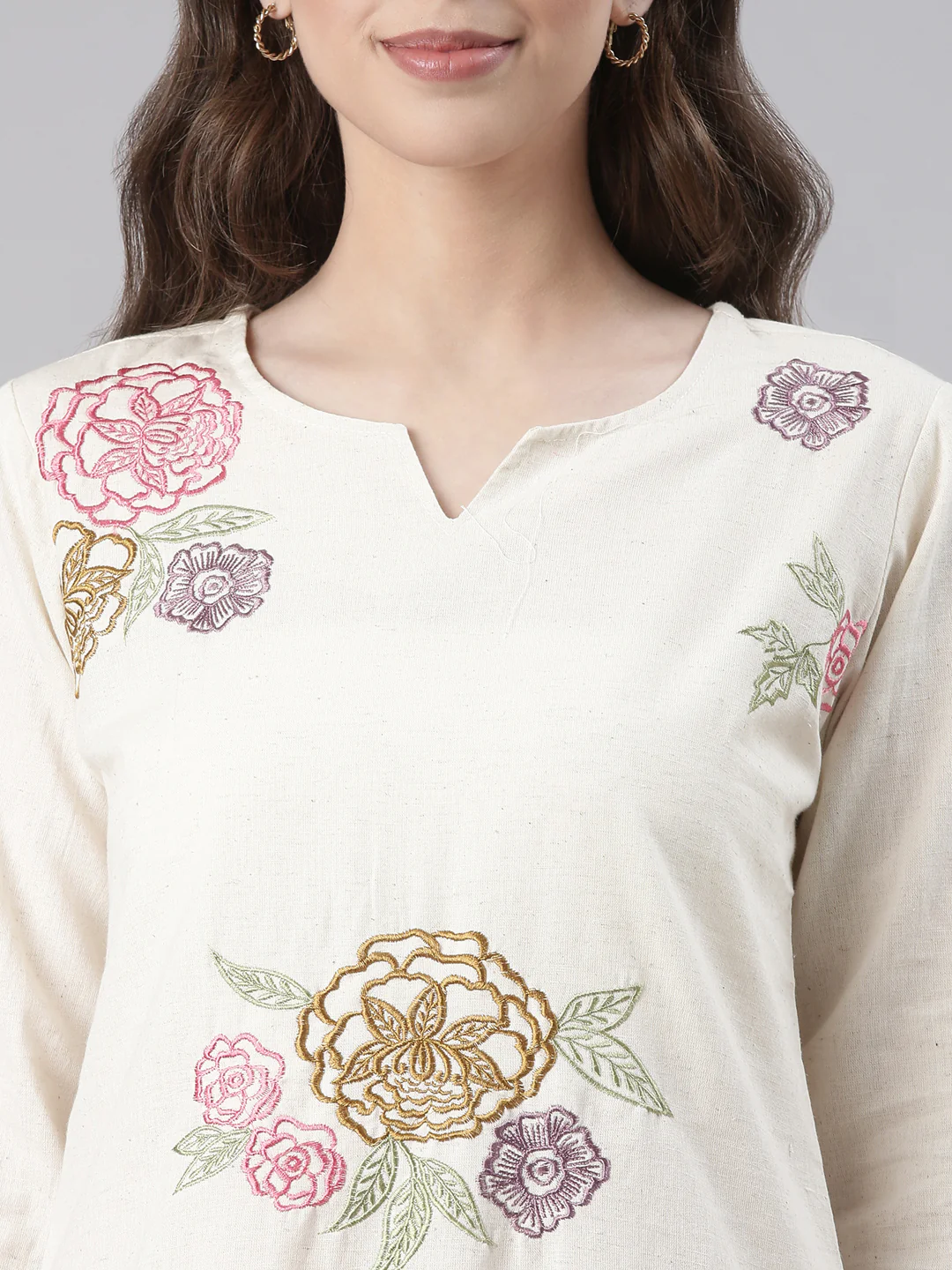 Neerus Cream Embroidered Straight Kurta and Trousers - Image 4