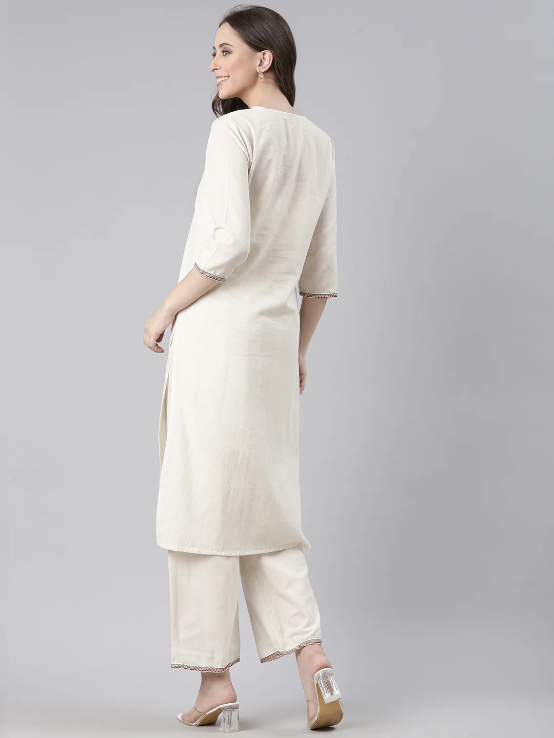 Neerus Cream Embroidered Straight Kurta and Trousers - Image 3