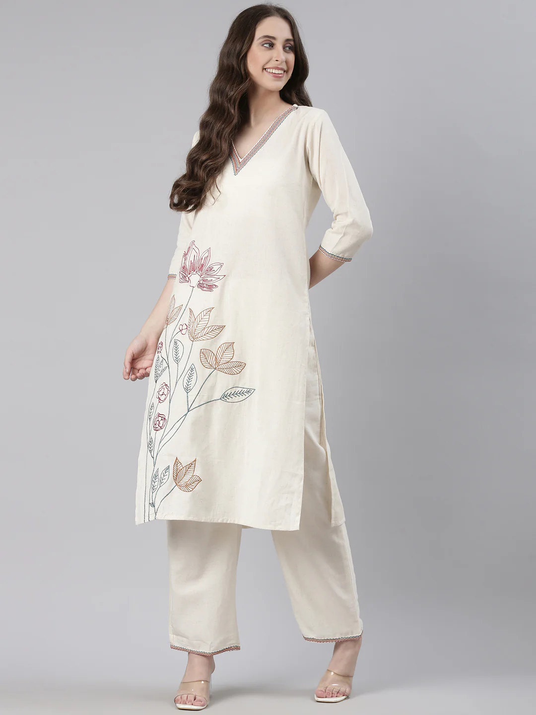 Neerus Cream Embroidered Straight Kurta and Trousers - Image 5