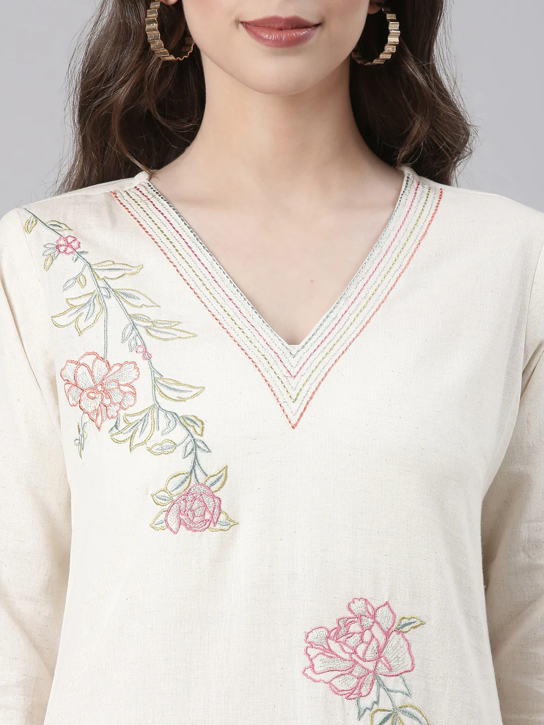 Neerus Cream Embroidered Straight Kurta and Trousers - Image 4