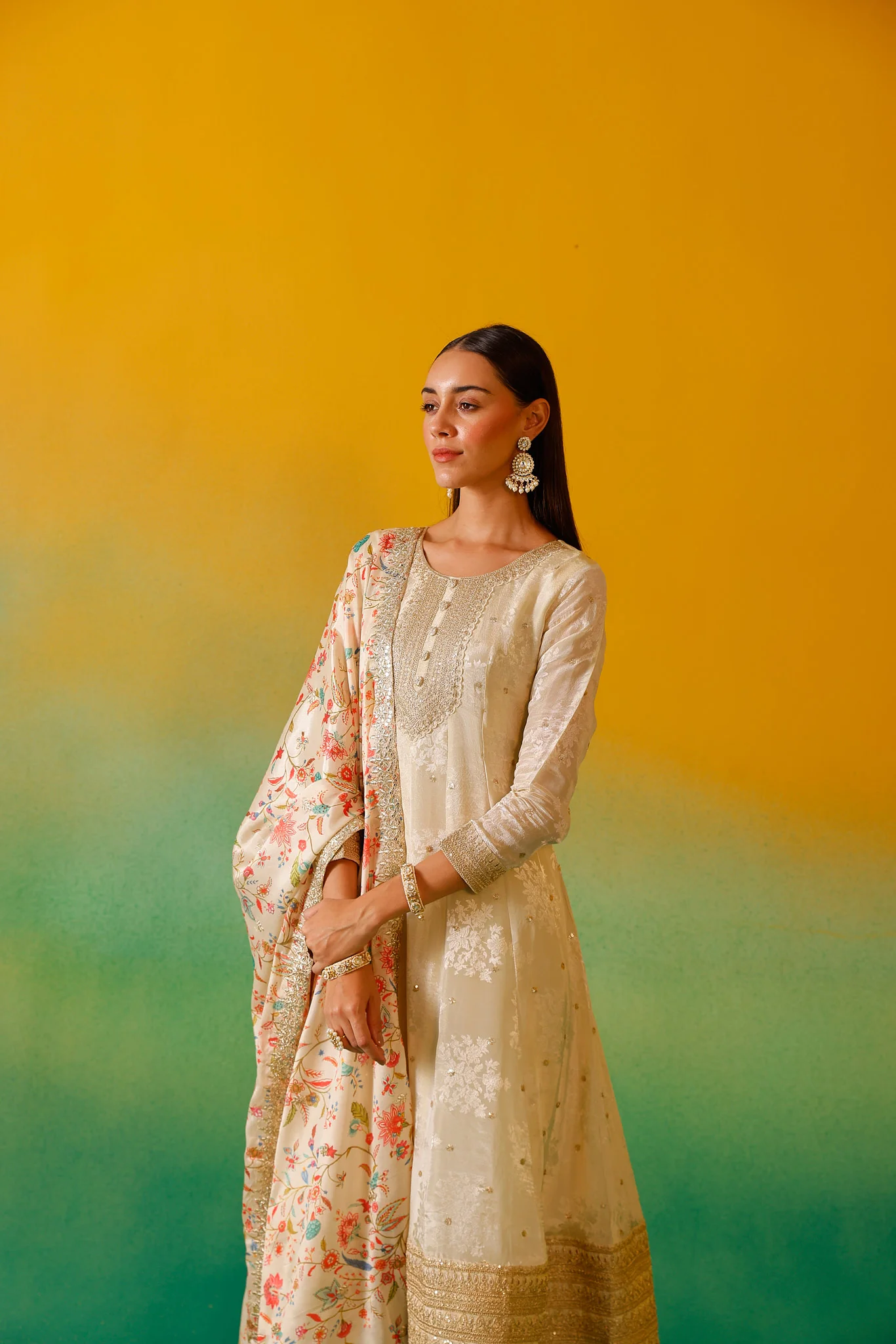 Neerus Cream Embroidery Tissue Fabric Anarkali Trouser and Dupatta - Image 12
