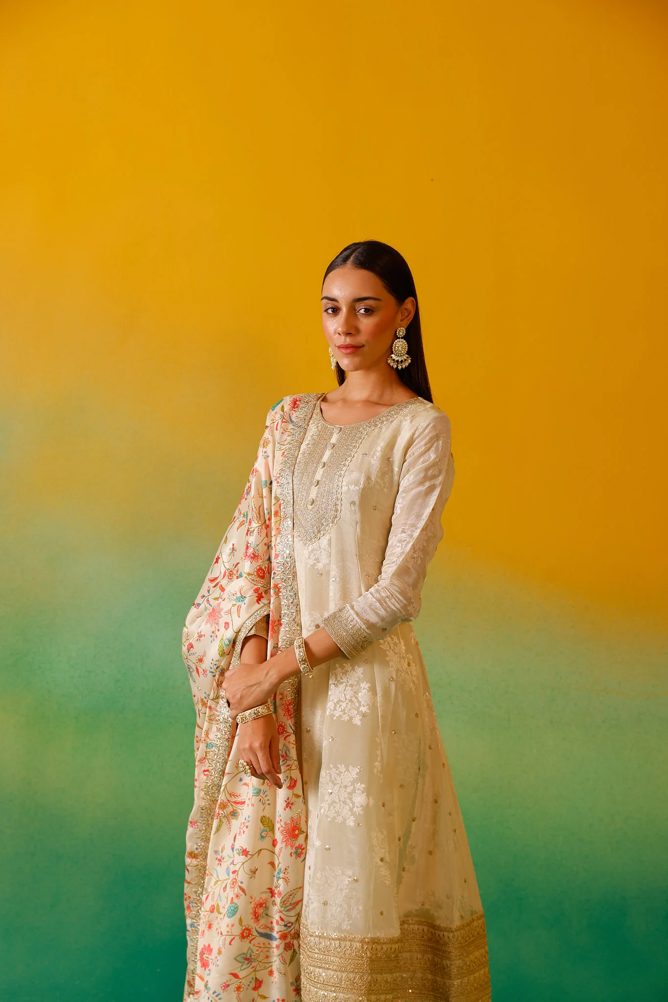Neerus Cream Embroidery Tissue Fabric Anarkali Trouser and Dupatta - Image 13