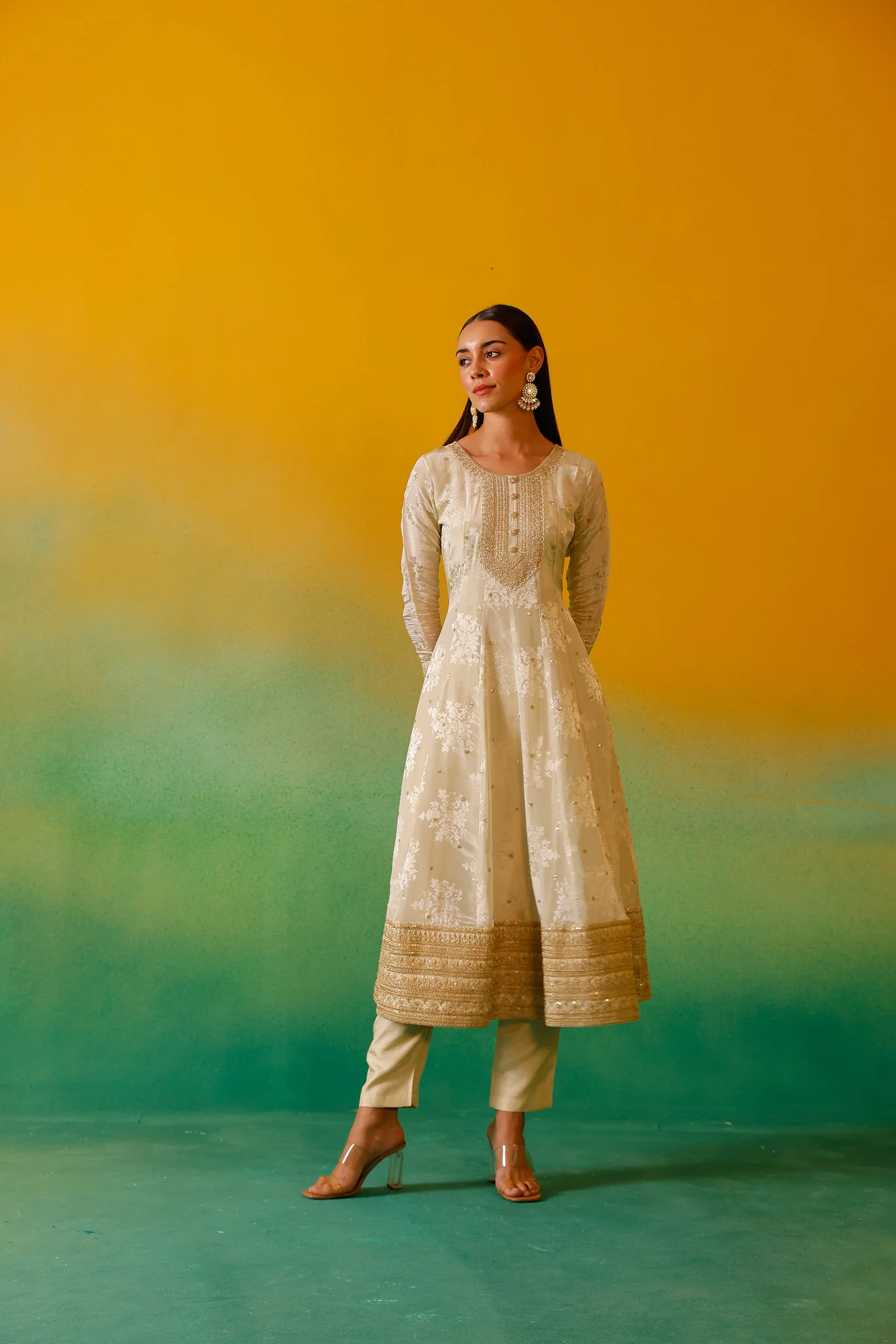 Neerus Cream Embroidery Tissue Fabric Anarkali Trouser and Dupatta - Image 17