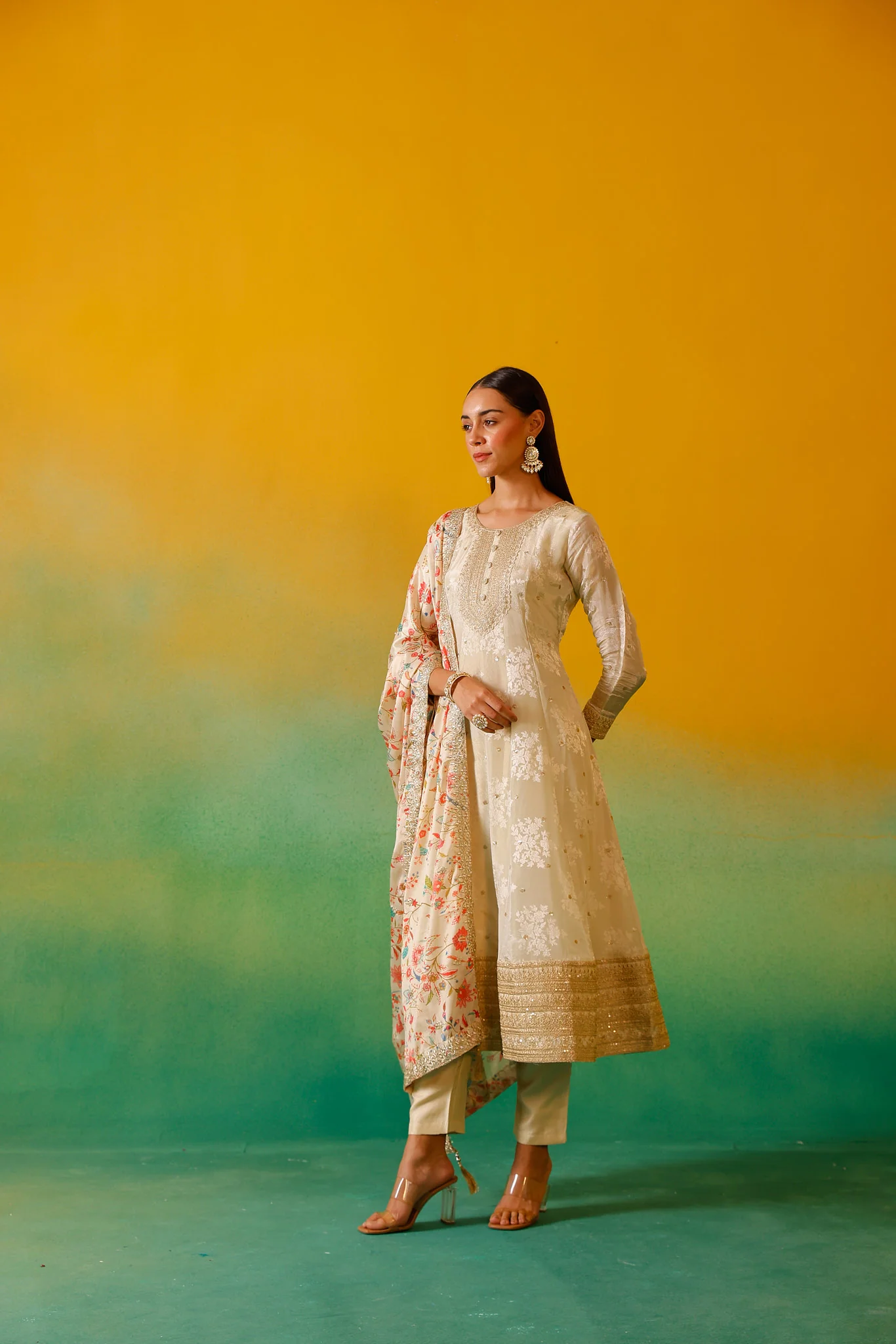 Neerus Cream Embroidery Tissue Fabric Anarkali Trouser and Dupatta - Image 3