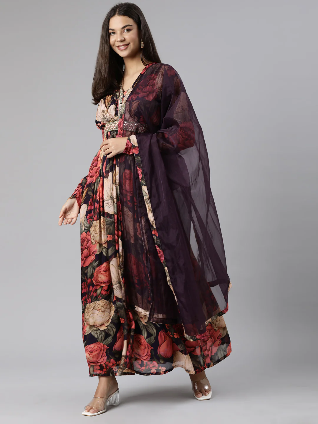 Neerus Cream Flared Casual Floral Dresses - Image 5