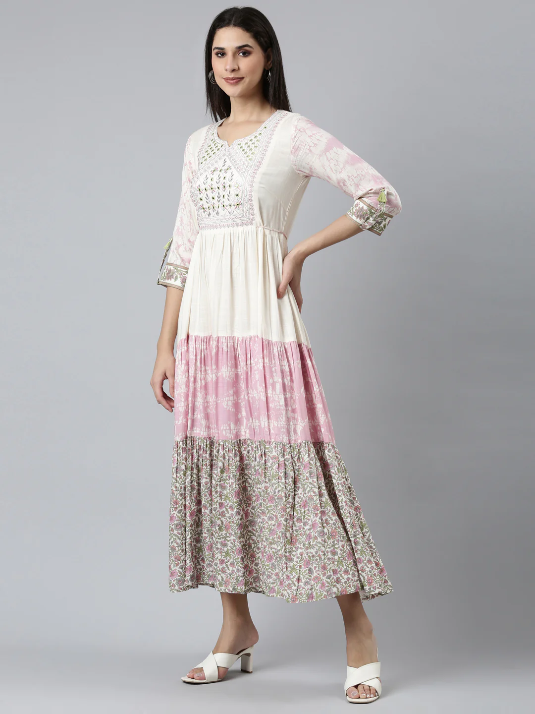 Neerus Cream Flared Casual Printed Dress - Image 2