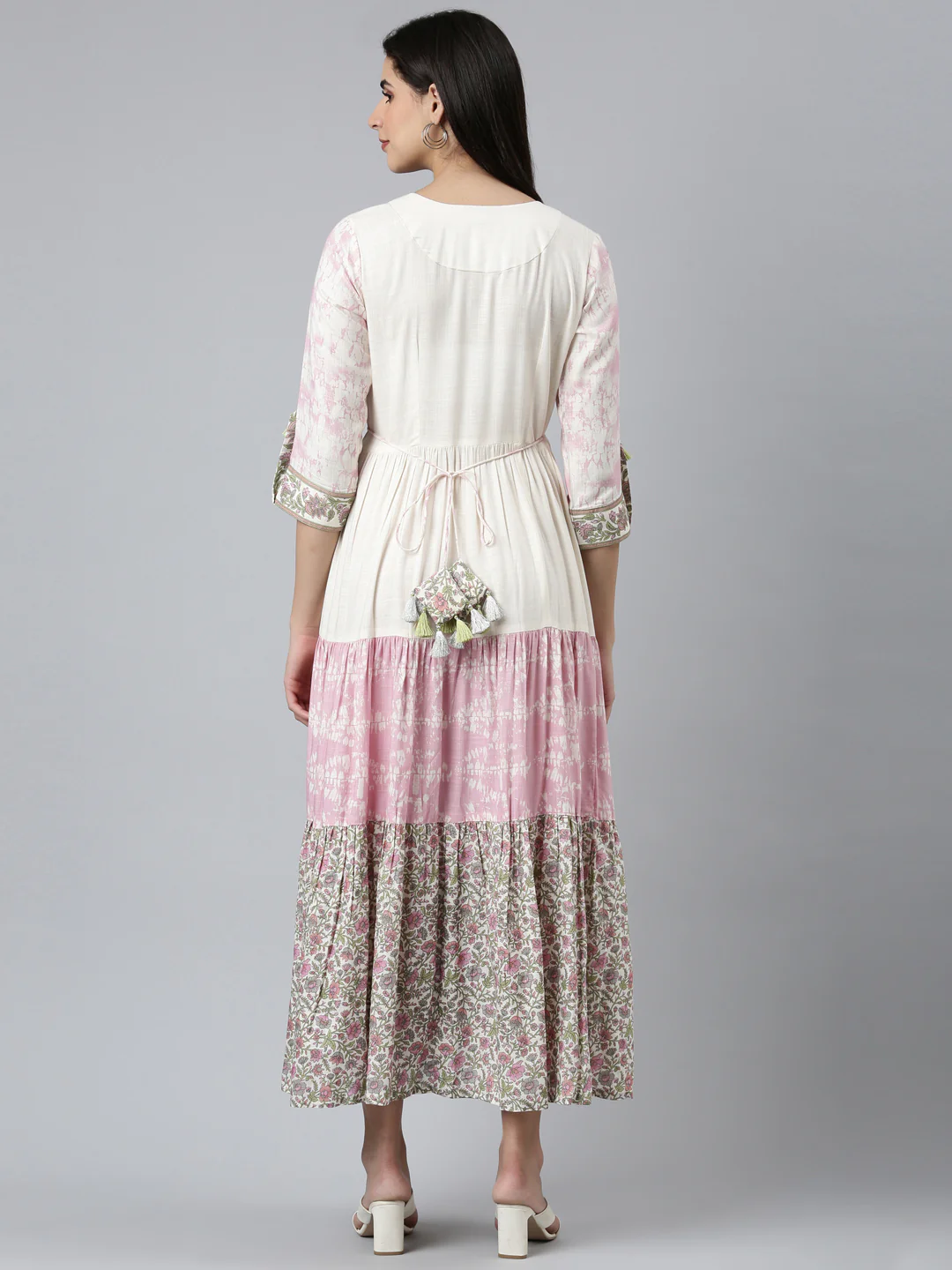 Neerus Cream Flared Casual Printed Dress - Image 3