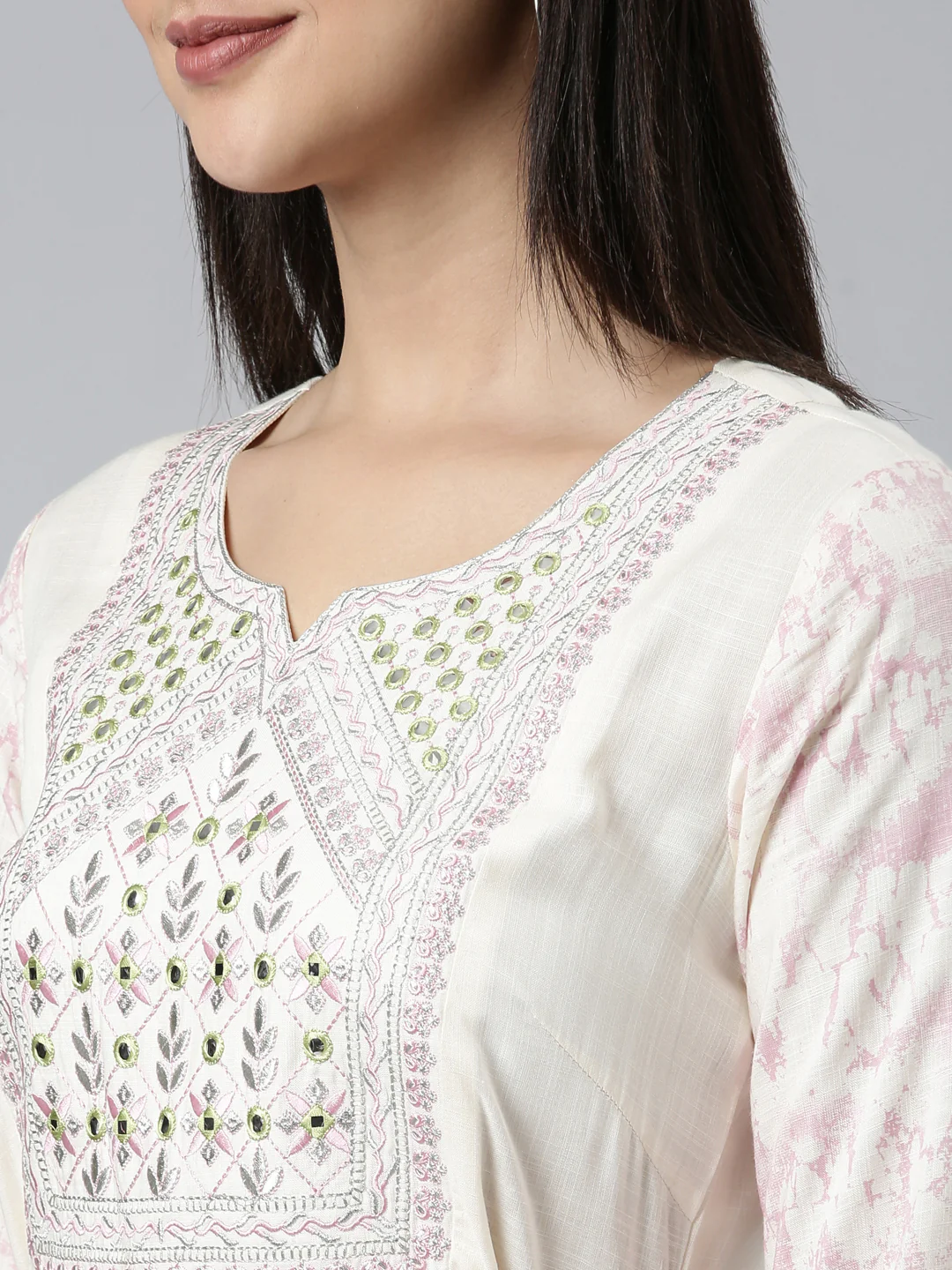 Neerus Cream Flared Casual Printed Dress - Image 4