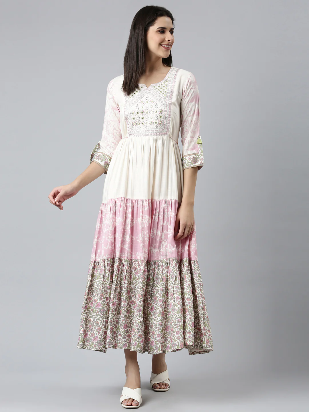Neerus Cream Flared Casual Printed Dress - Image 5