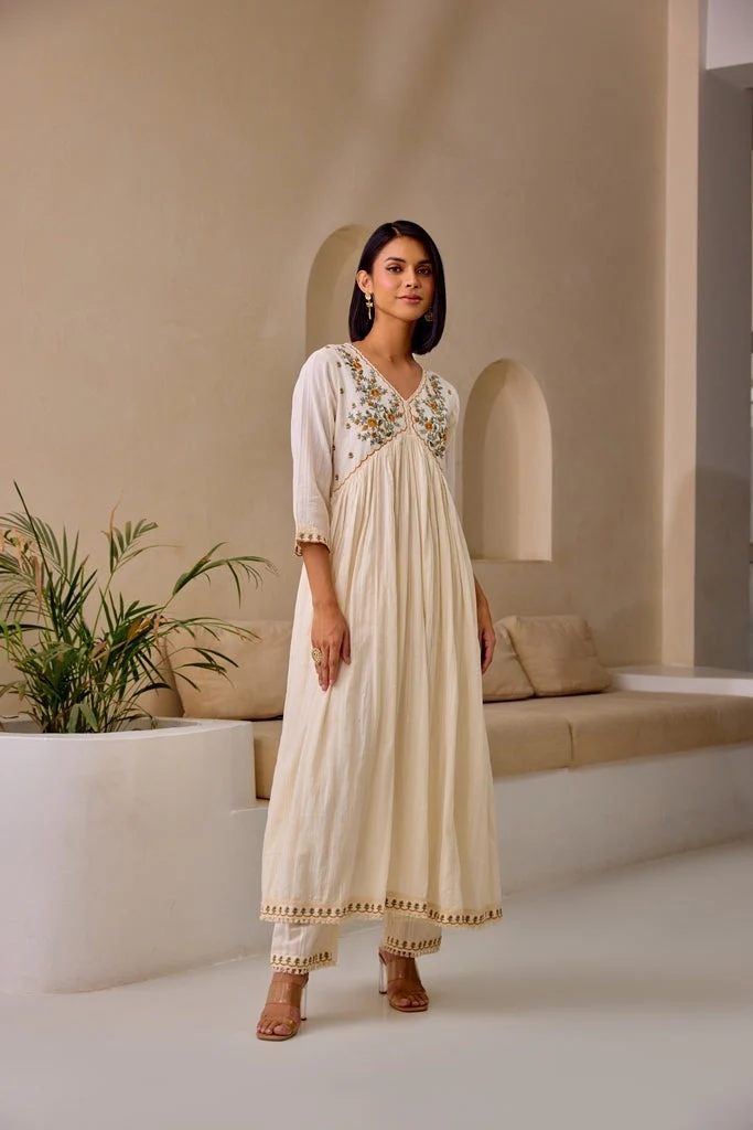 Neerus Cream Flared Embroidery Kurta And Trousers With Dupatta - Image 6