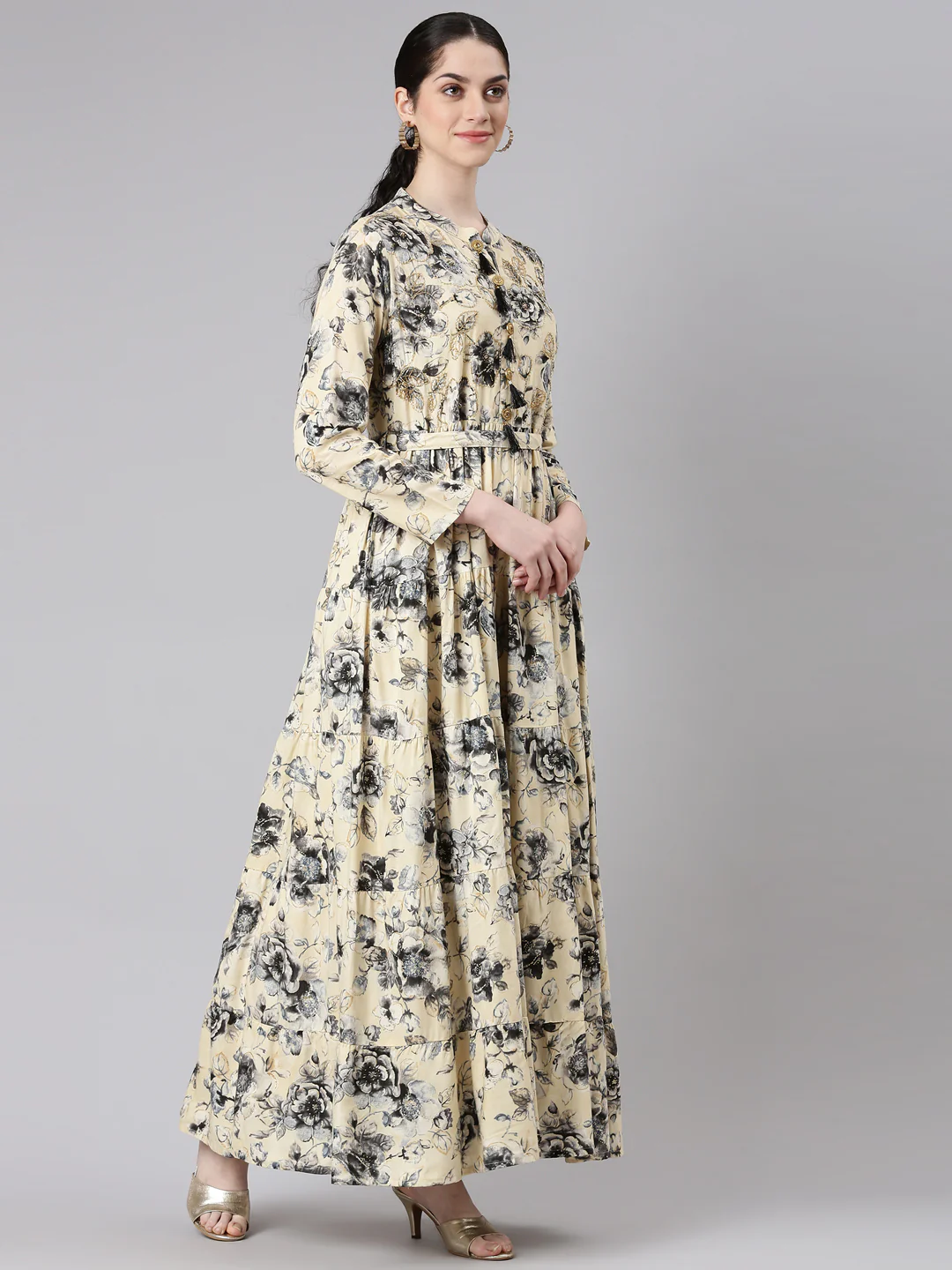 Neerus Cream Floral Printed Maxi Dresses - Image 2