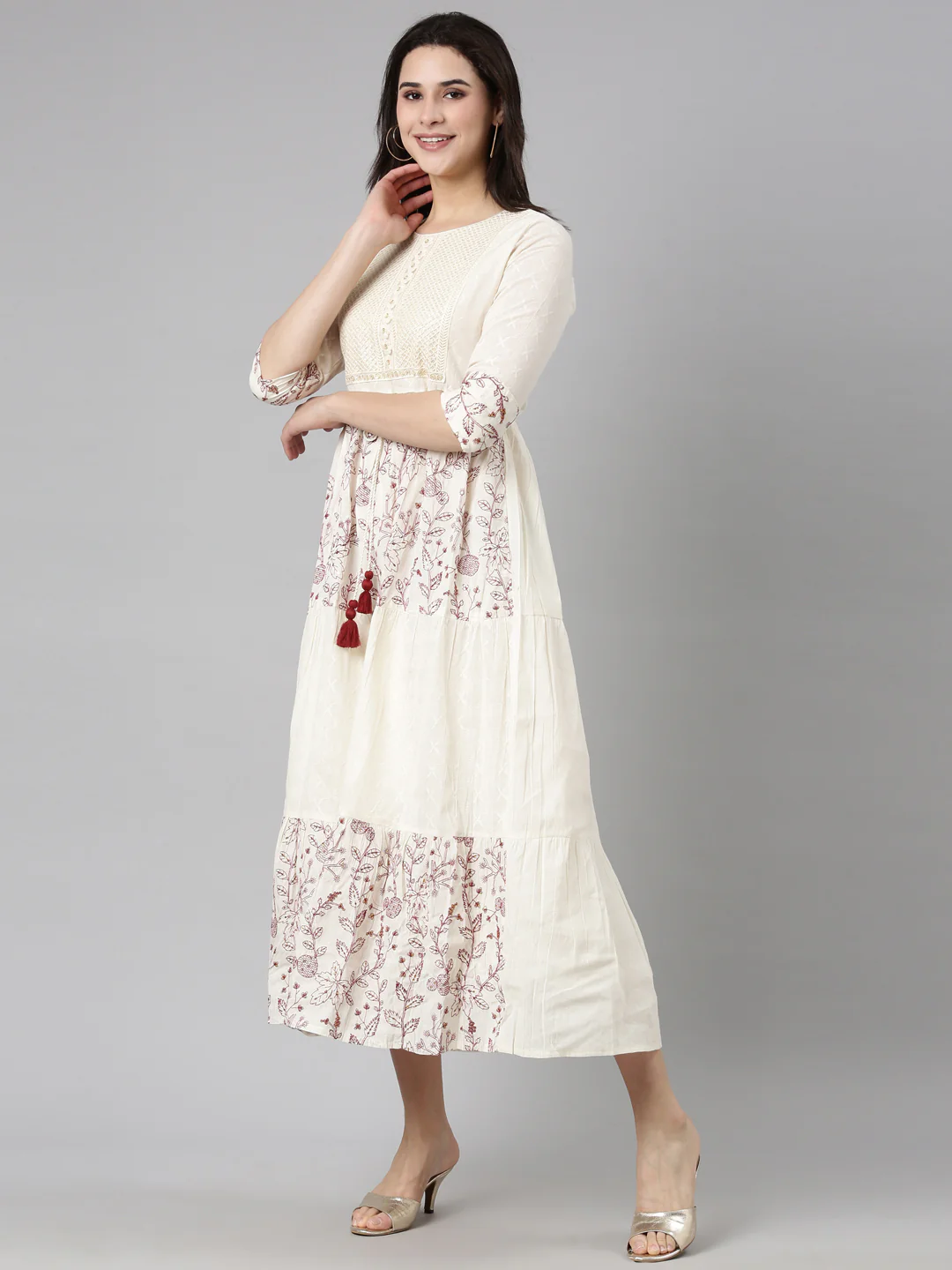 Neerus Cream Flounce Casual Floral Fit and Flare Dresses - Image 2