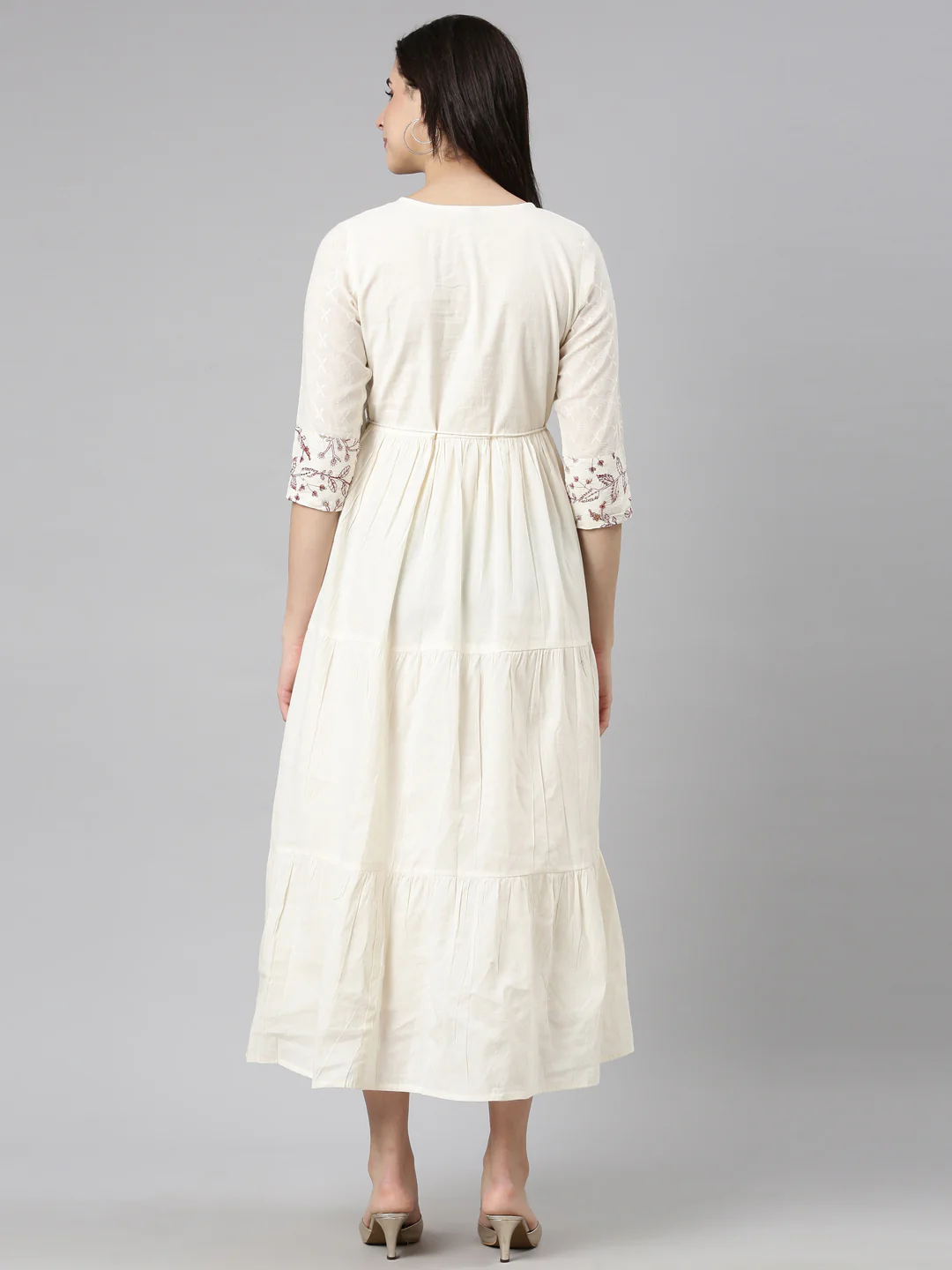 Neerus Cream Flounce Casual Floral Fit and Flare Dresses - Image 3