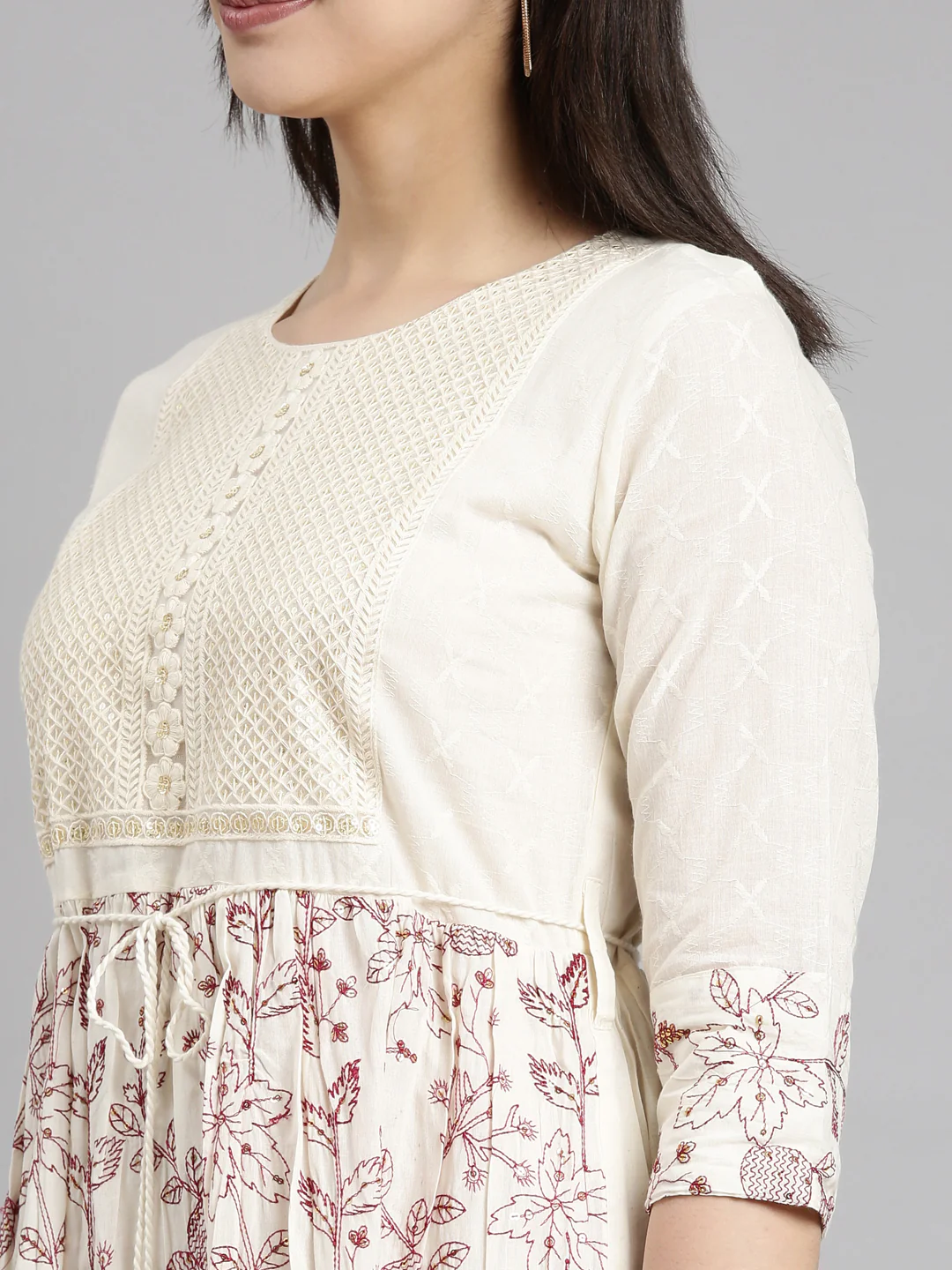 Neerus Cream Flounce Casual Floral Fit and Flare Dresses - Image 4