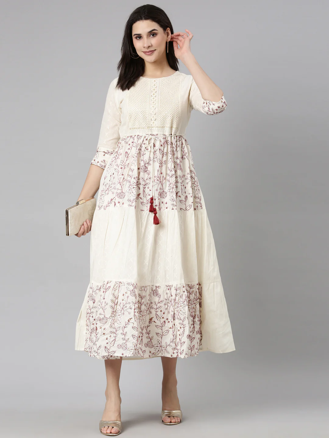 Neerus Cream Flounce Casual Floral Fit and Flare Dresses - Image 5