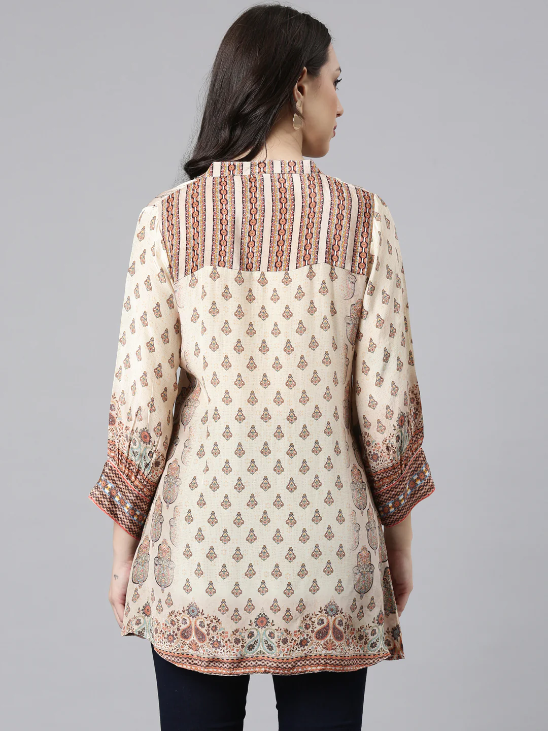 Neerus Cream High-Low Casual Printed Straight Kurtis - Image 3