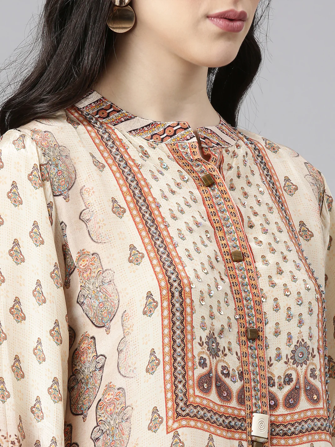 Neerus Cream High-Low Casual Printed Straight Kurtis - Image 4