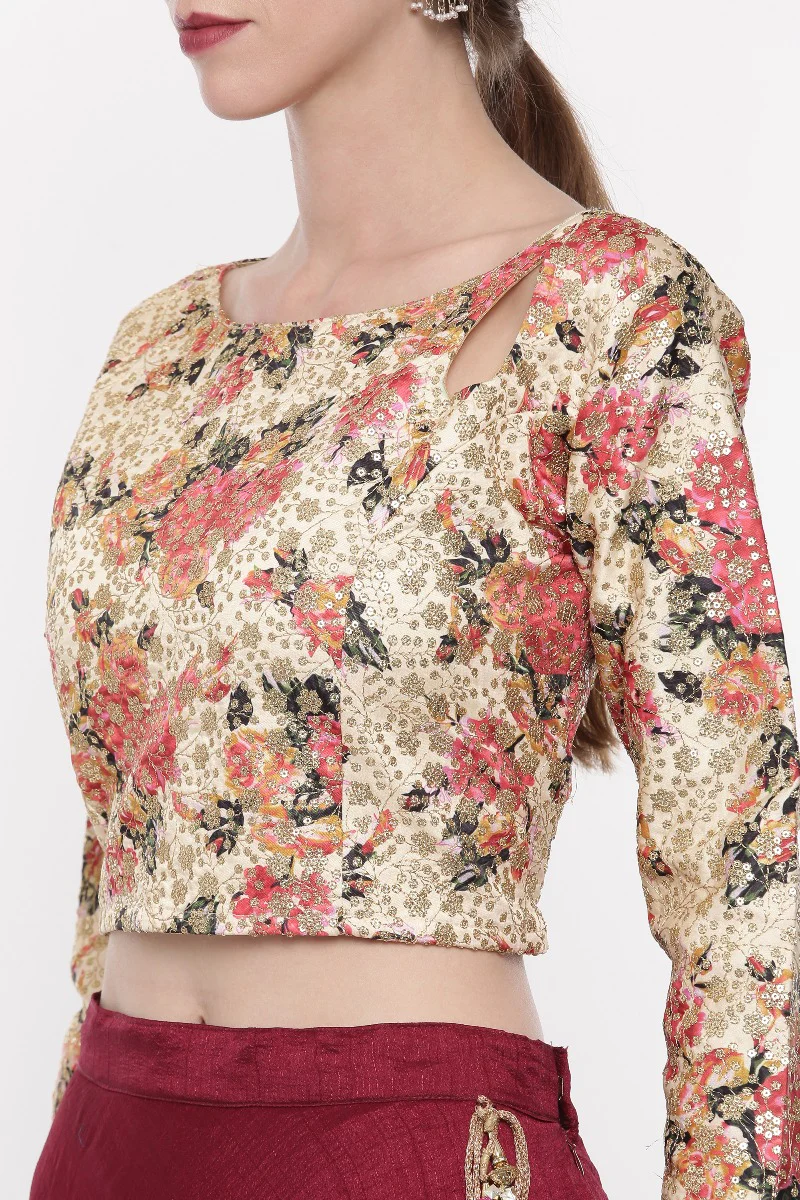 Neerus Cream & Maroon Embellished Lehenga Set - Image 3