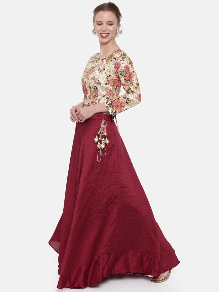 Neerus Cream & Maroon Embellished Lehenga Set - Image 4