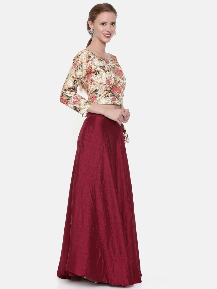 Neerus Cream & Maroon Embellished Lehenga Set - Image 5