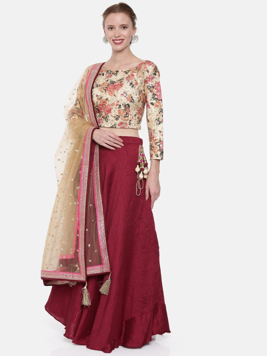 Neerus Cream & Maroon Embellished Lehenga Set - Image 7