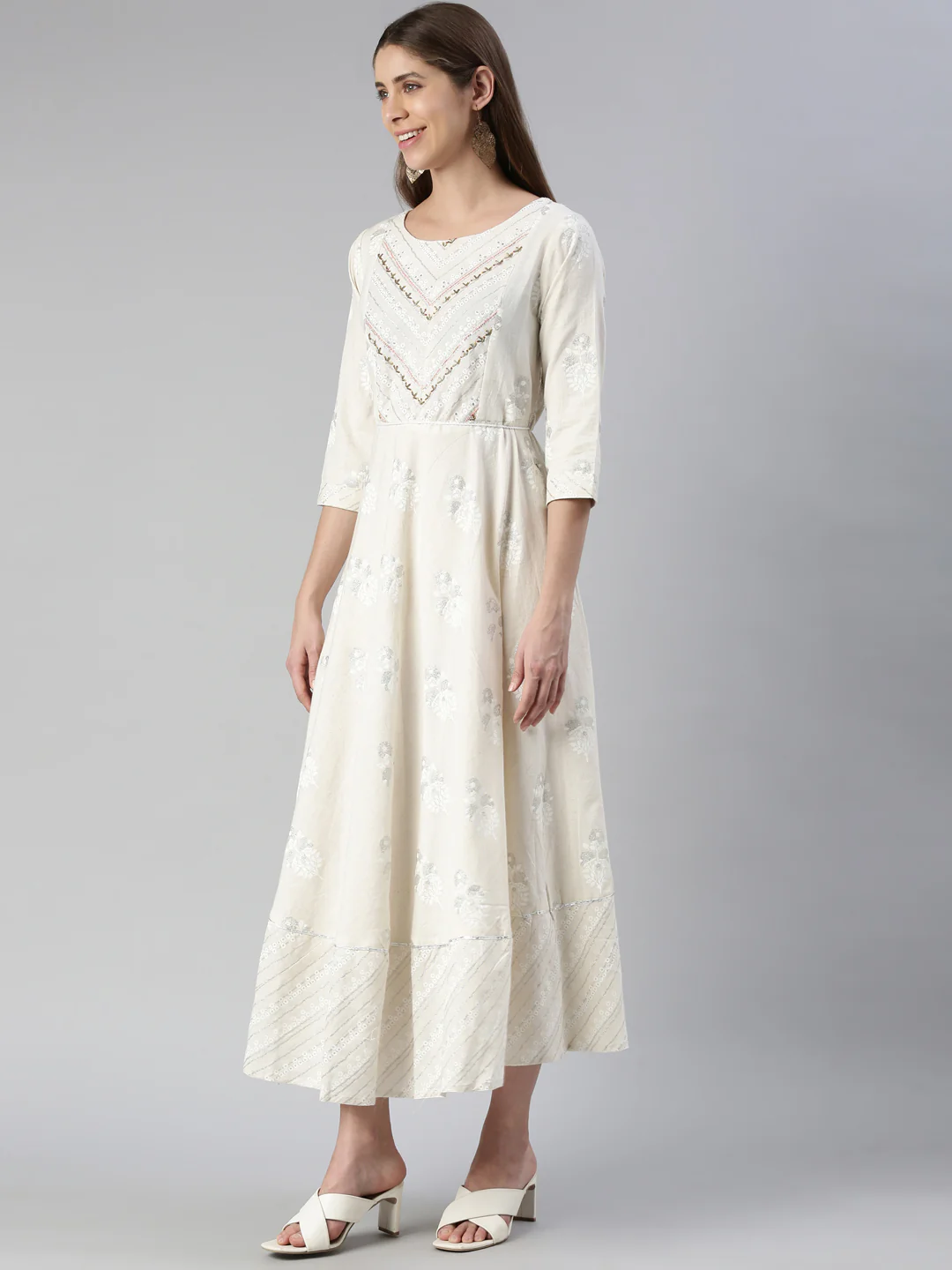 Neerus Cream Maxi Casual Printed Dresses - Image 2