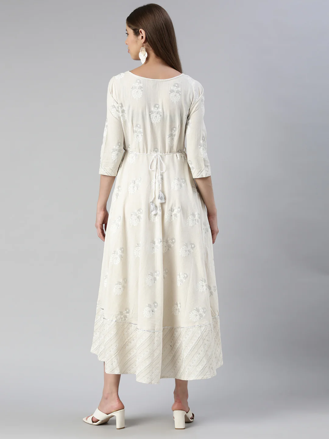 Neerus Cream Maxi Casual Printed Dresses - Image 3