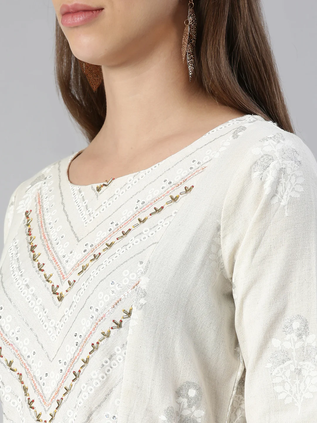 Neerus Cream Maxi Casual Printed Dresses - Image 4