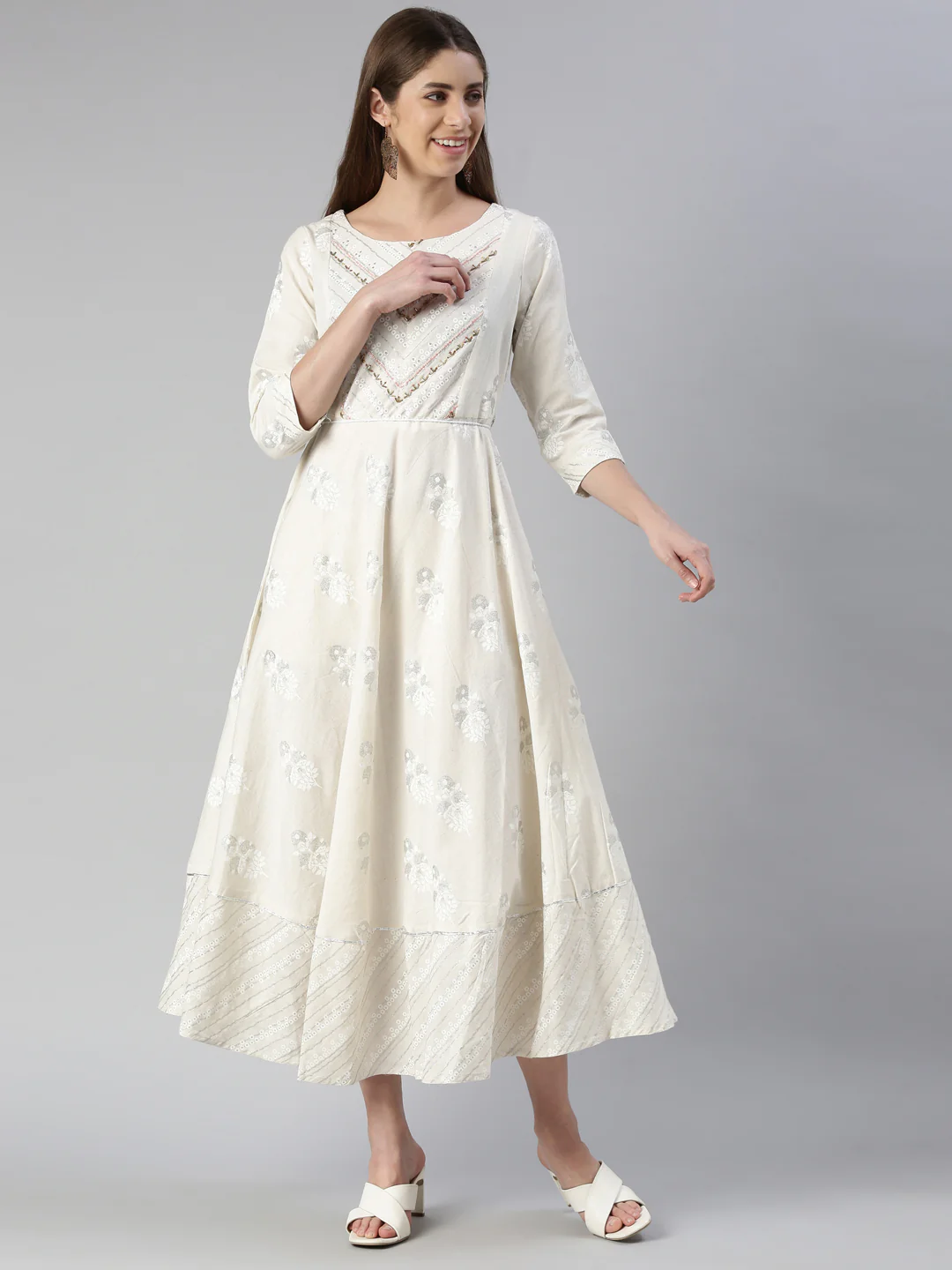 Neerus Cream Maxi Casual Printed Dresses - Image 7