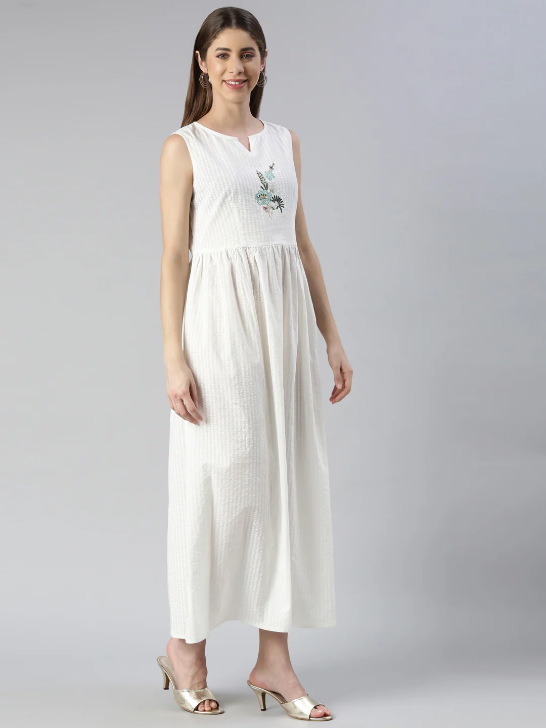 Neerus Cream Maxi Casual Solid Dresses - Image 2