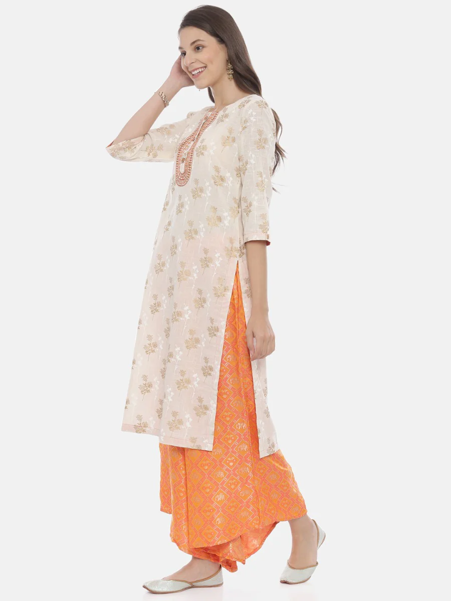 Neerus Cream & Orange Printed Kurta & Palazzo Set - Image 3