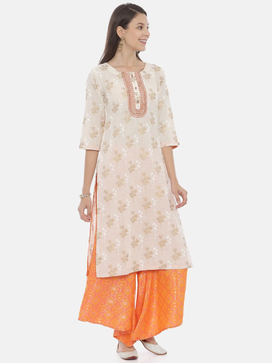 Neerus Cream & Orange Printed Kurta & Palazzo Set - Image 4