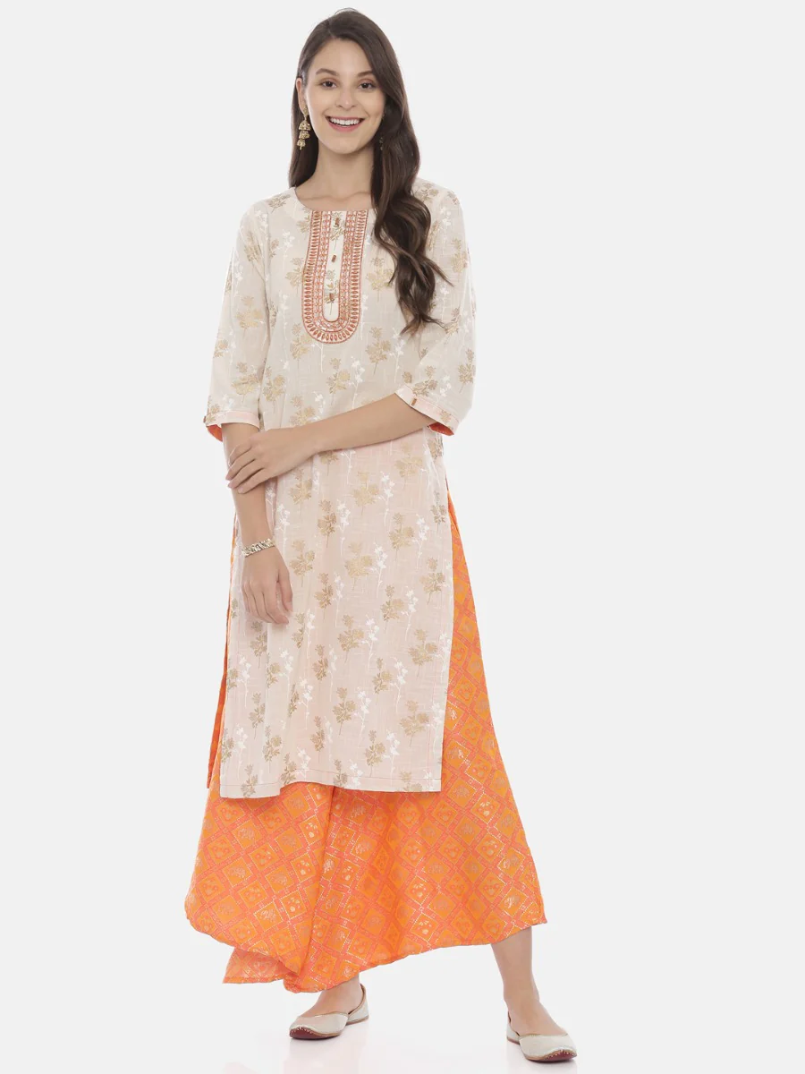 Neerus Cream & Orange Printed Kurta & Palazzo Set - Image 6