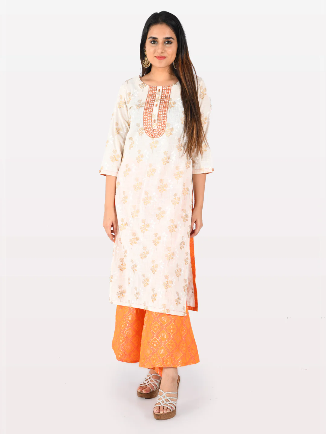 Neerus Cream & Orange Printed Kurta & Palazzo Set - Image 8