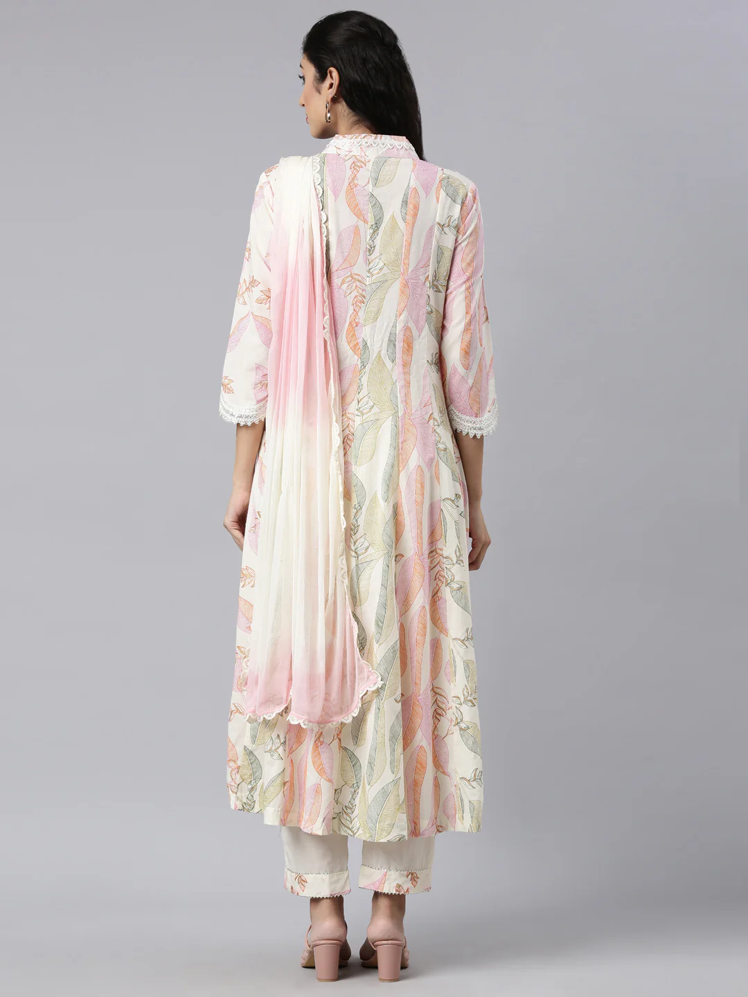 Neerus Cream Panelled Straight Kurta and Trousers With Dupatta - Image 3