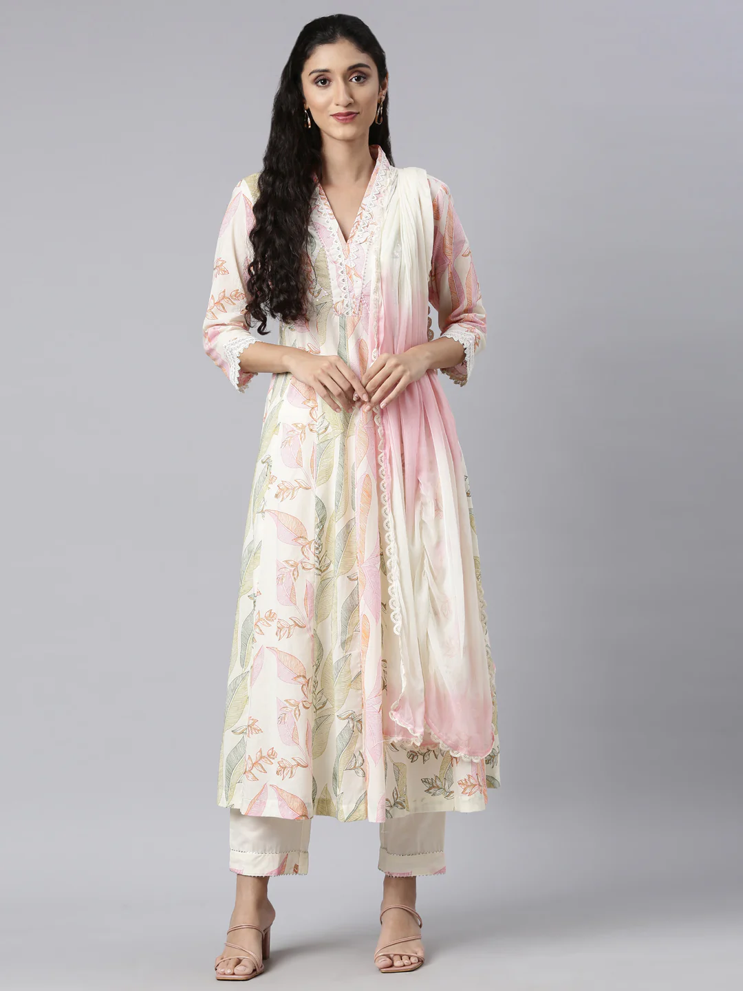Neerus Cream Panelled Straight Kurta and Trousers With Dupatta - Image 5