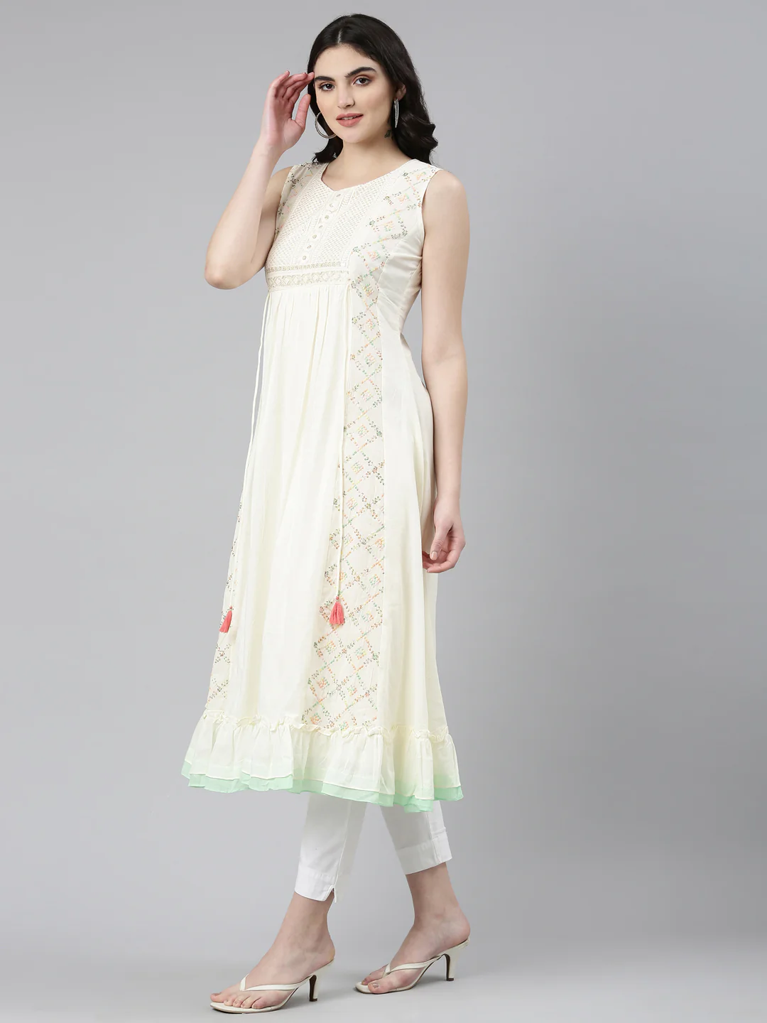 Neerus Cream Pleated Anarkali Embroidered Kurta - Image 2