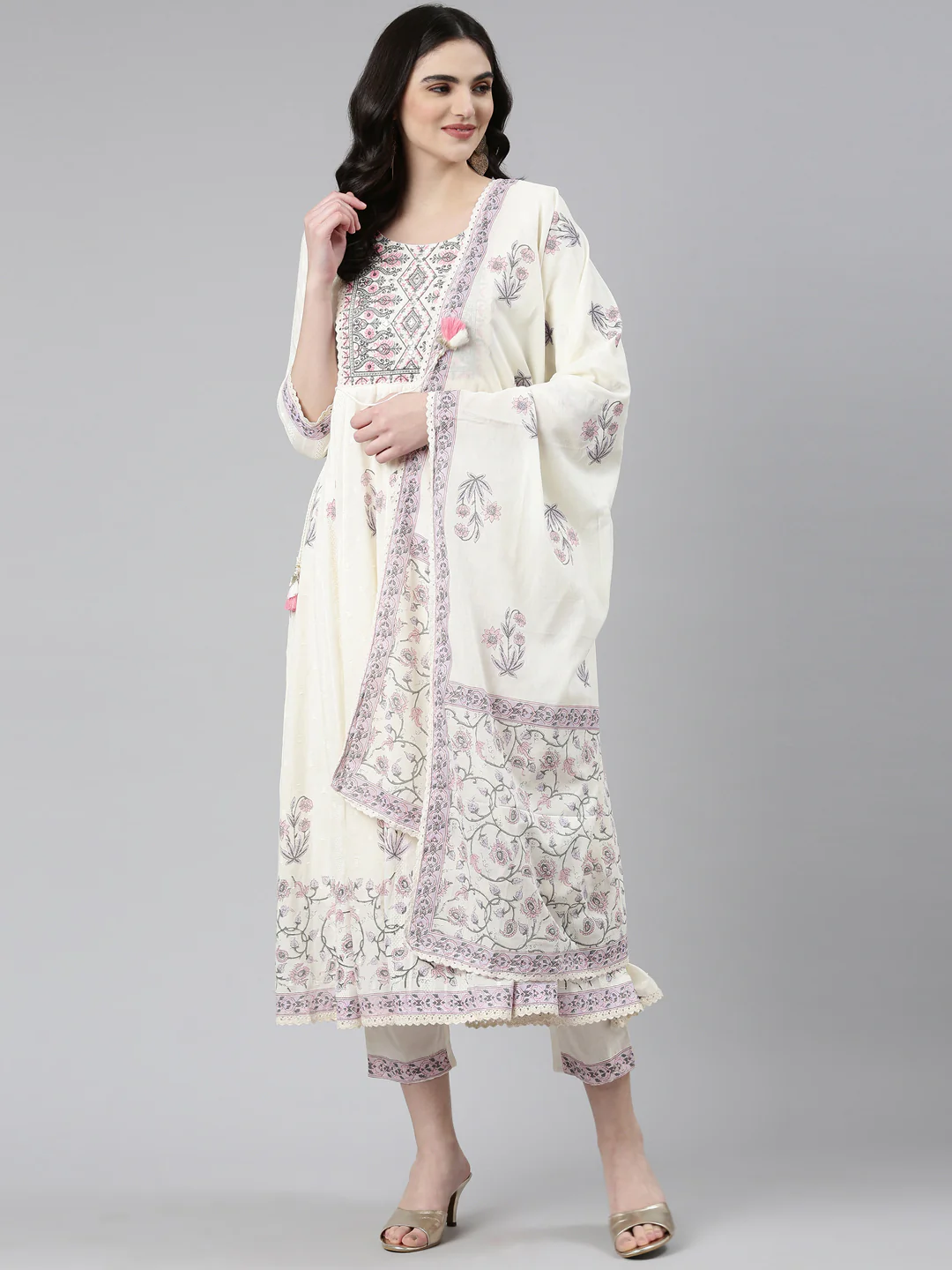 Neerus Cream Pleated Anarkali Printed Readymade suits - Image 5
