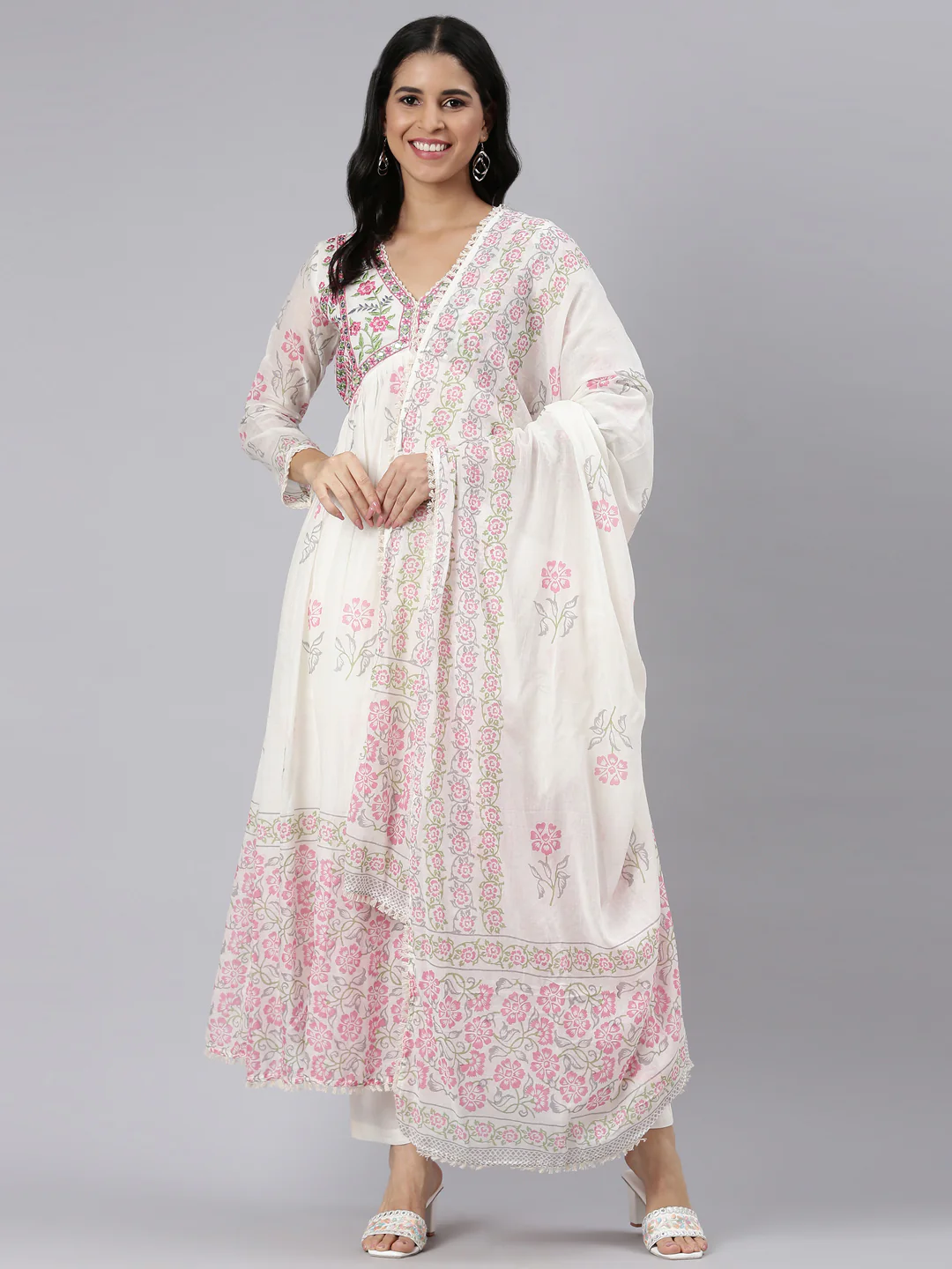 Neerus Cream Pleated Straight Printed Kurta and Palazzos With Dupatta - Image 5