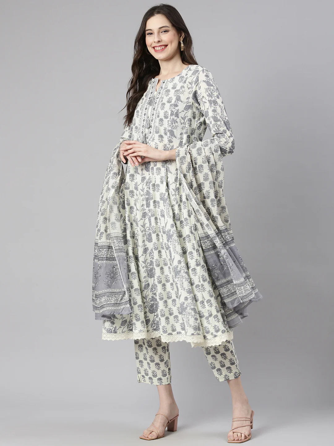 Neerus Cream Printed Anarkali Kurta and Trousers With Dupatta - Image 5