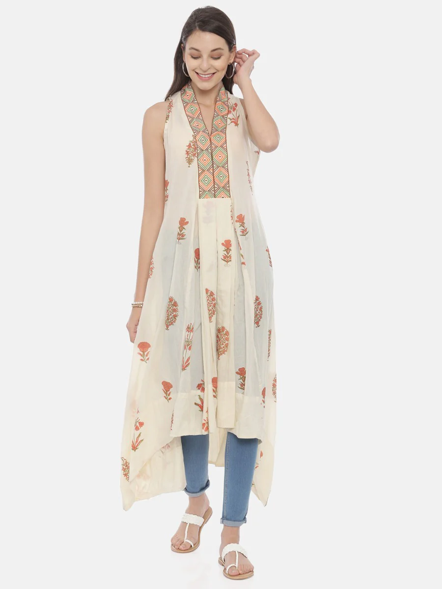 Neerus Cream Printed High Low Kurta