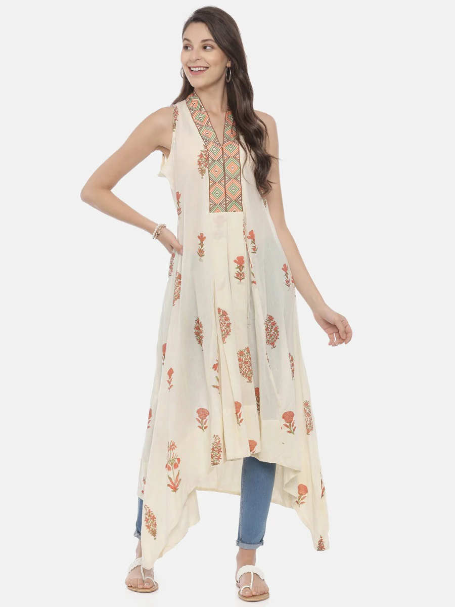 Neerus Cream Printed High Low Kurta - Image 4