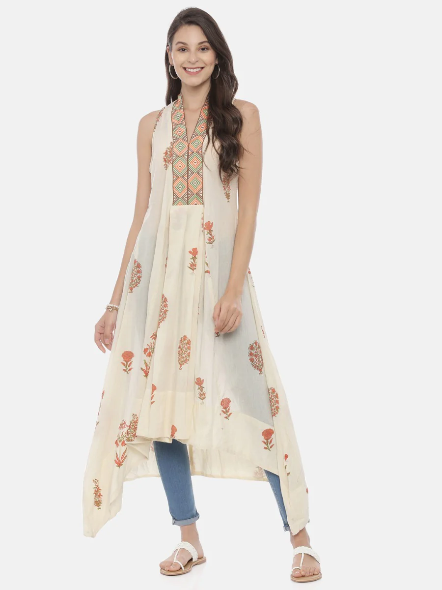 Neerus Cream Printed High Low Kurta - Image 6