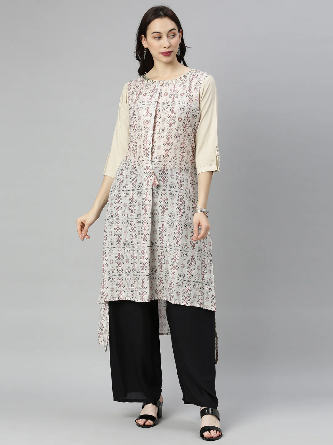 Neerus Cream Printed High Low Kurta